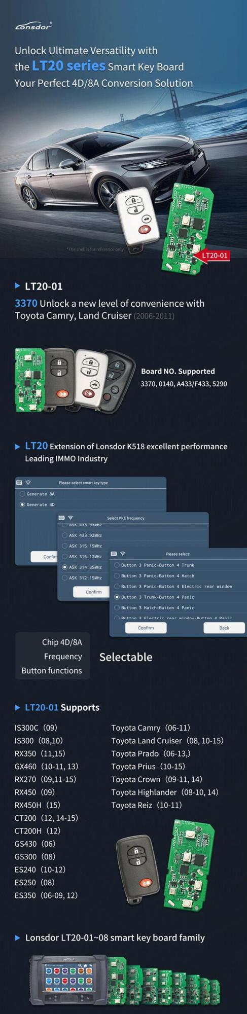 Lonsdor LT20 - 01J0 8A + 4D Универсальный интеллектуальный пульт дистанционного управления PCB 40 / 80 bit для Toyota Lexus 4 кнопок 433 / 315 МГц для серии K518 / KH100 +