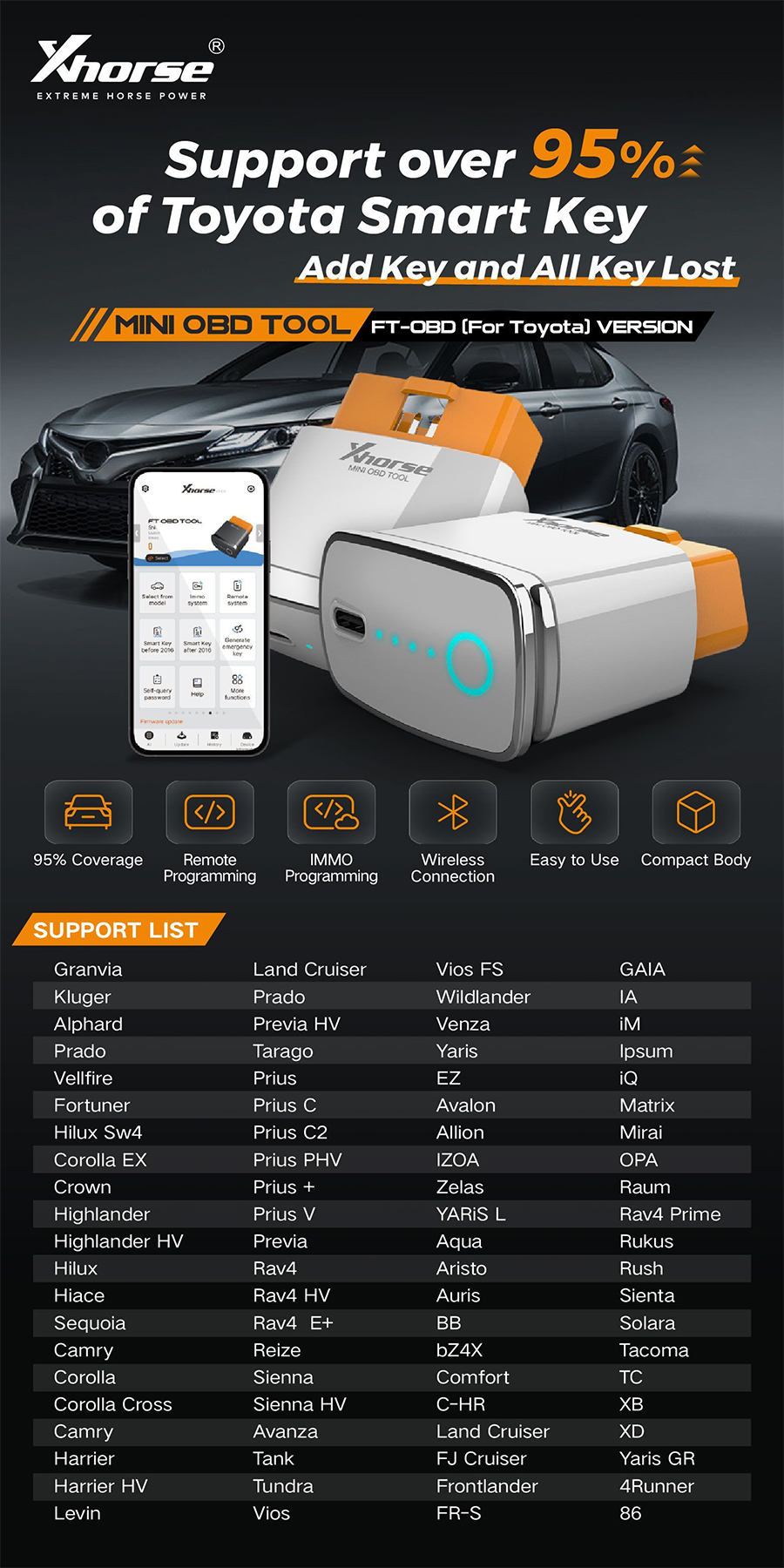 Xhorse MINI OBD TOOL FT - OBD for Toyota Поддержка добавления ключей и потери всех ключей