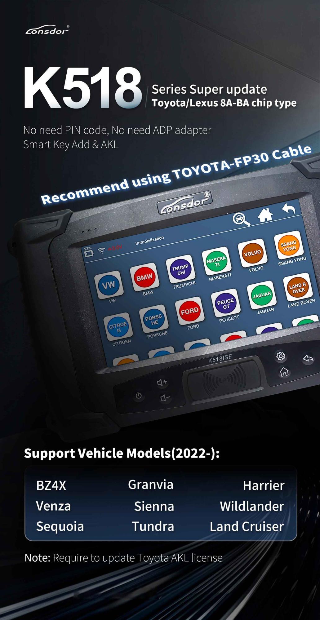 Кабель Lonsdor FP30 30 PIN - 8A - BA и 4A Proximit для Toyota 2022 без PIN - кода для K518ISE K518S