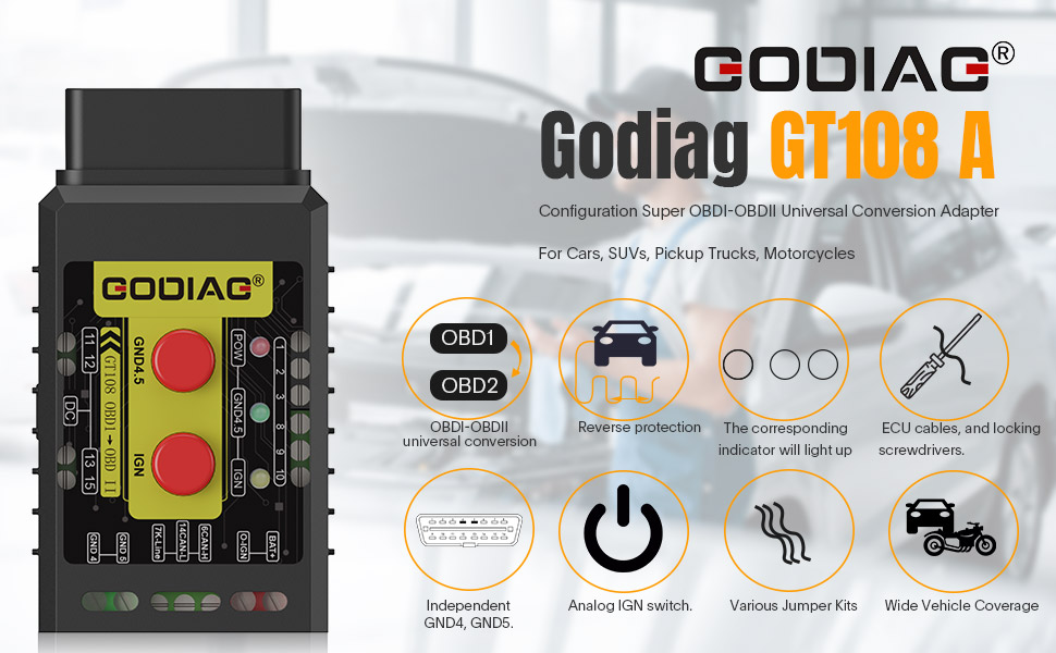 Godiag GT108 A с универсальным адаптером Super OBDI - OBDI для автомобилей, внедорожников, пикапов и мотоциклов