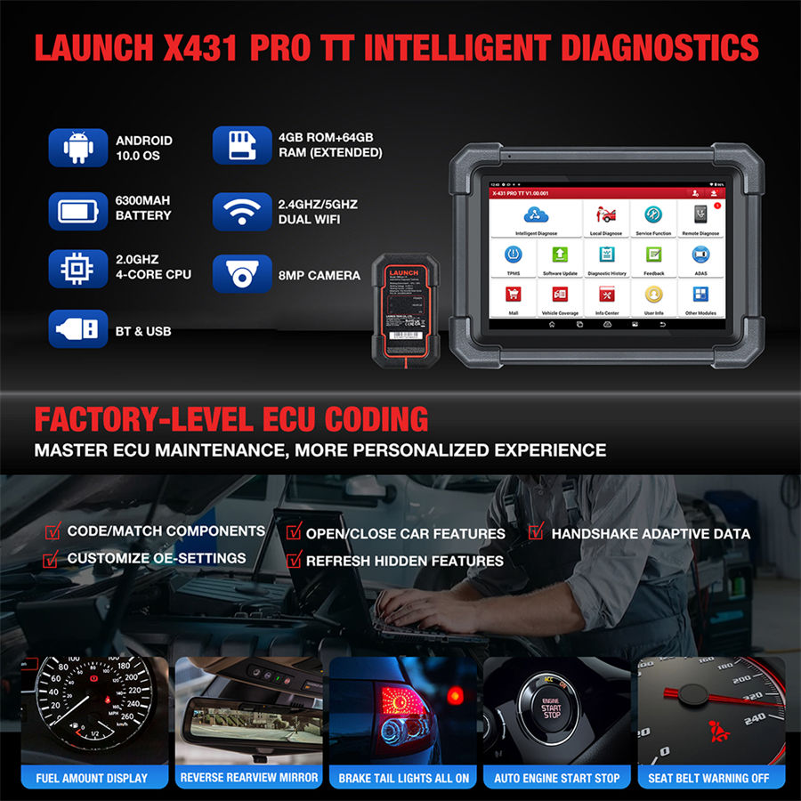 Двусторонний диагностический прибор LAUNCH X431 PRO TT с разъемом DBSCAR VII 37 + сброс кода ECU Online с ключом CANFD IMMO