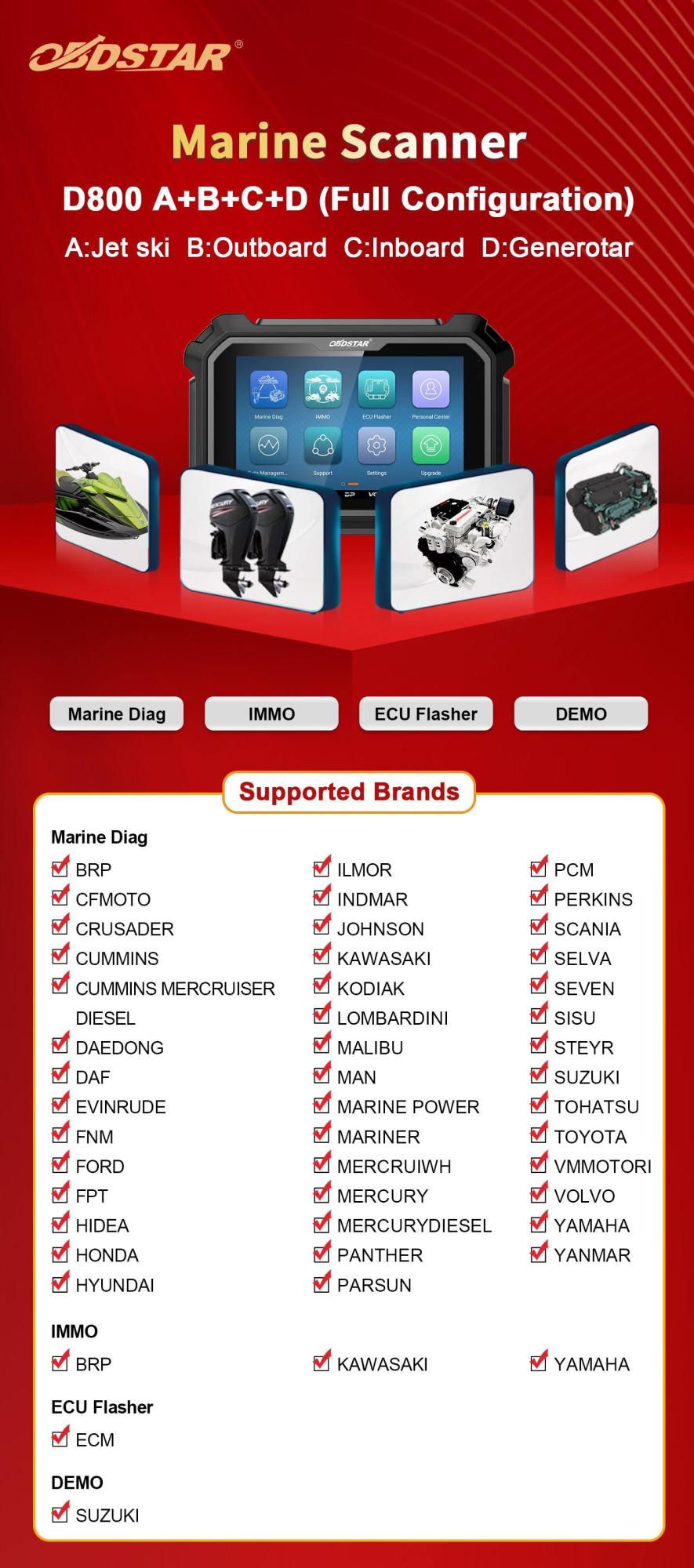 OBDSTAR D800 A + B + C + D Полностью оборудованная гидромоторная лодка / борт / борт / генератор Морской диагностический инструмент