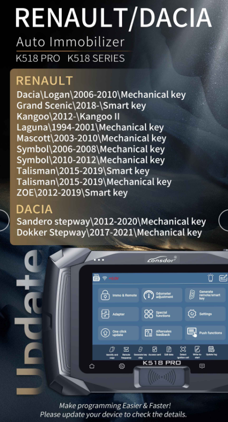 Обновления серии K518PRO / K518 CADILLAC / GMC / BUICK / CHEVROLET Renault / Dacia 
