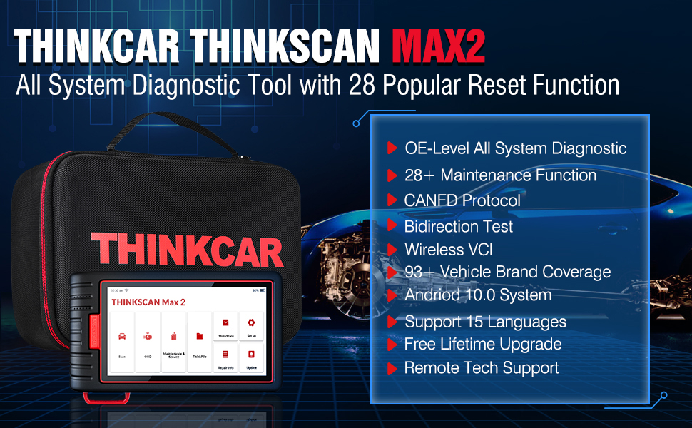 THINKCAR ThinkScan Max 2 - общесистемный диагностический сканер для автомобилей с 28 функциями технического обслуживания.