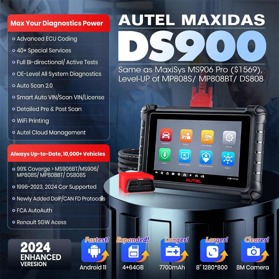 AUTEL MaxiDAS DS900 Diagnostic Scanne Support ECU Coding Pre & Post Scan Scan VIN DoIP CAN FD Protocol WIFI Print Upgraded Ver. Of DS808 DS808K
