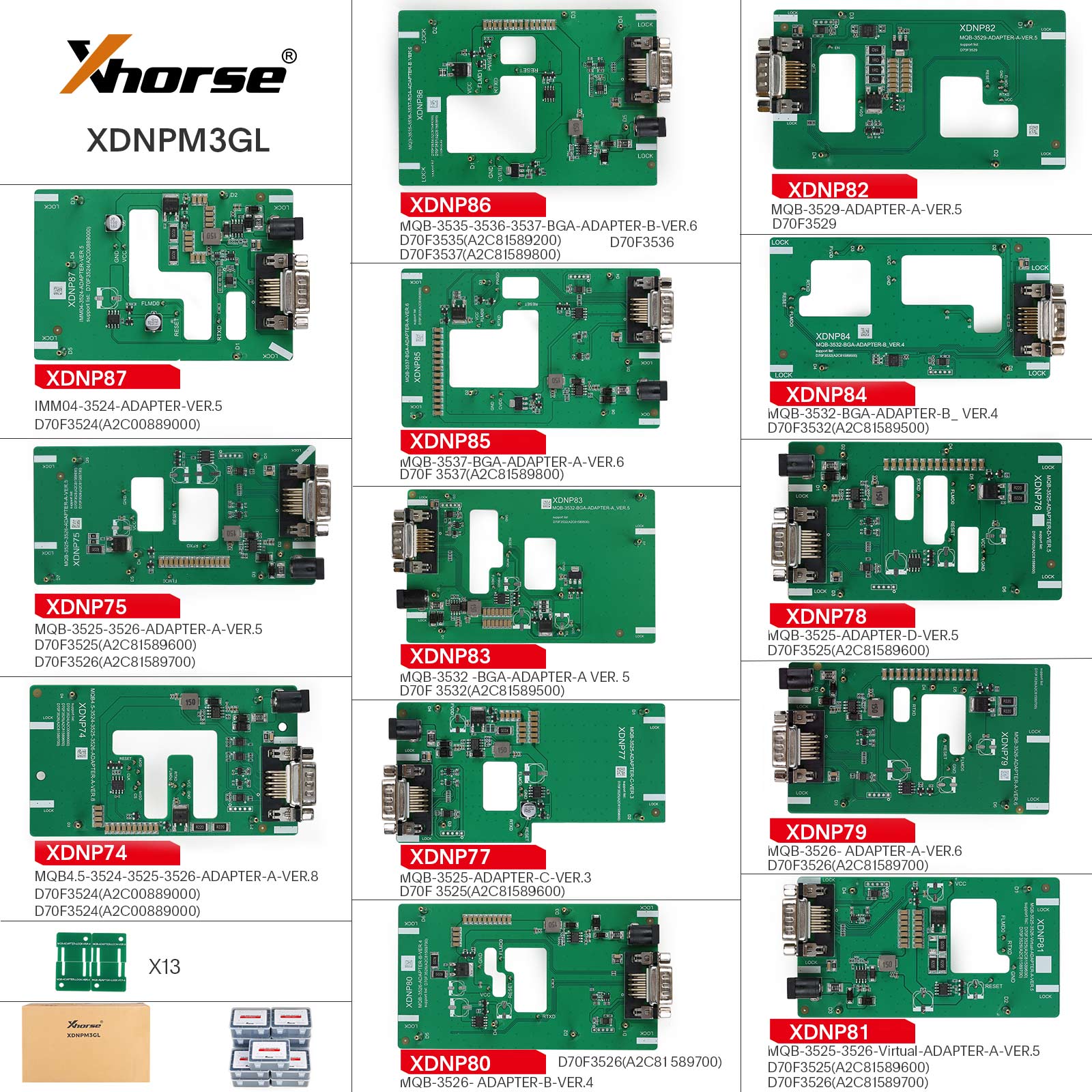 Xhorse MQB48 Безсварочный адаптер без демонтажа 13 Полный комплект XDNPM3GL