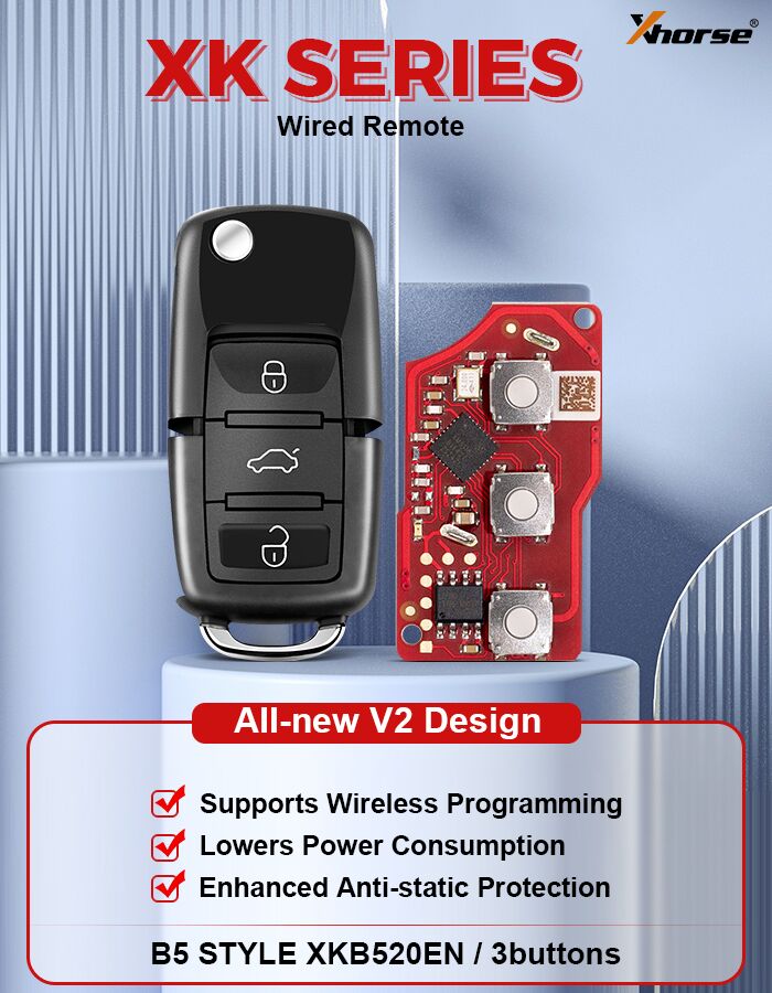 XHORSE XKB520EN Second Generation Wire Remote Key VW B5 Flip 3 Buttons 