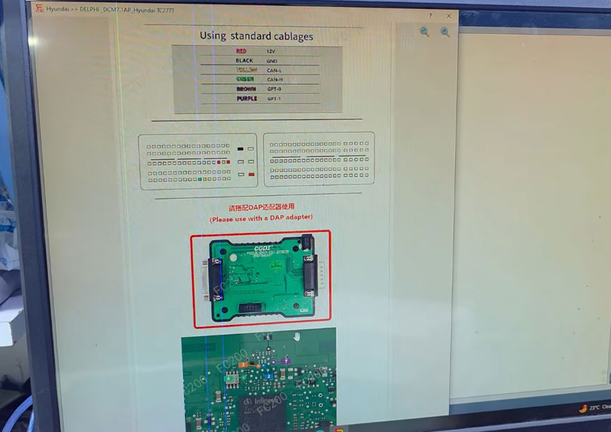 Wiring diagram for Hyundai DCM7.1AP ECU in boot mode