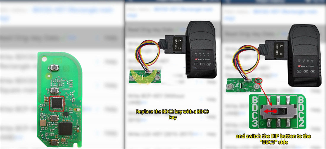 Disassembled new key showing circuit board
