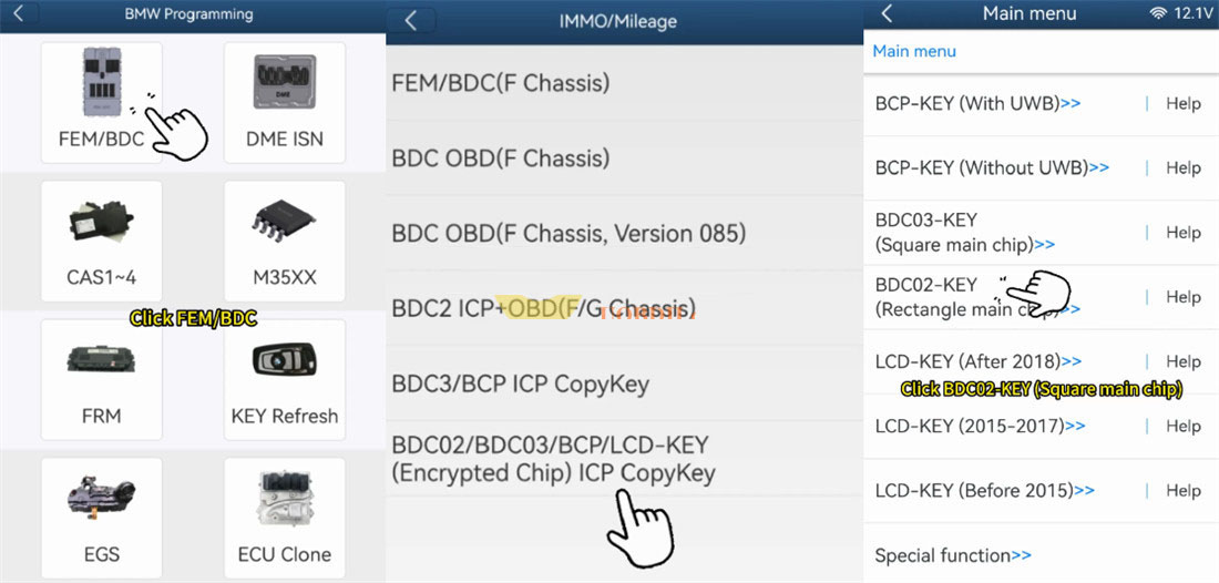 Software menu path for BDC2 key reading