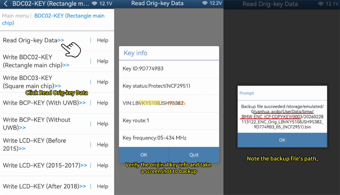 Data read successfully - VIN and Key ID displayed
