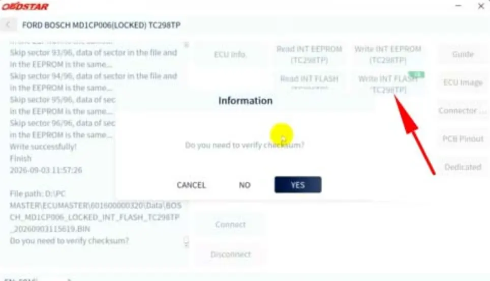 Writing flash and correcting checksum on Ford MD1CP006 ECU