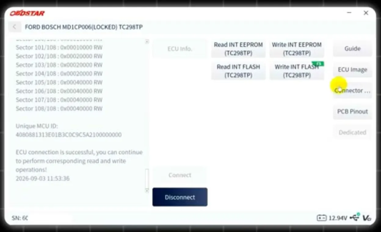 Reading MCU ID and eeprom from Ford MD1CP006 ECU with OBDSTAR