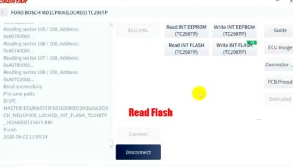 Reading flash data from Ford MD1CP006 TC298TP ECU