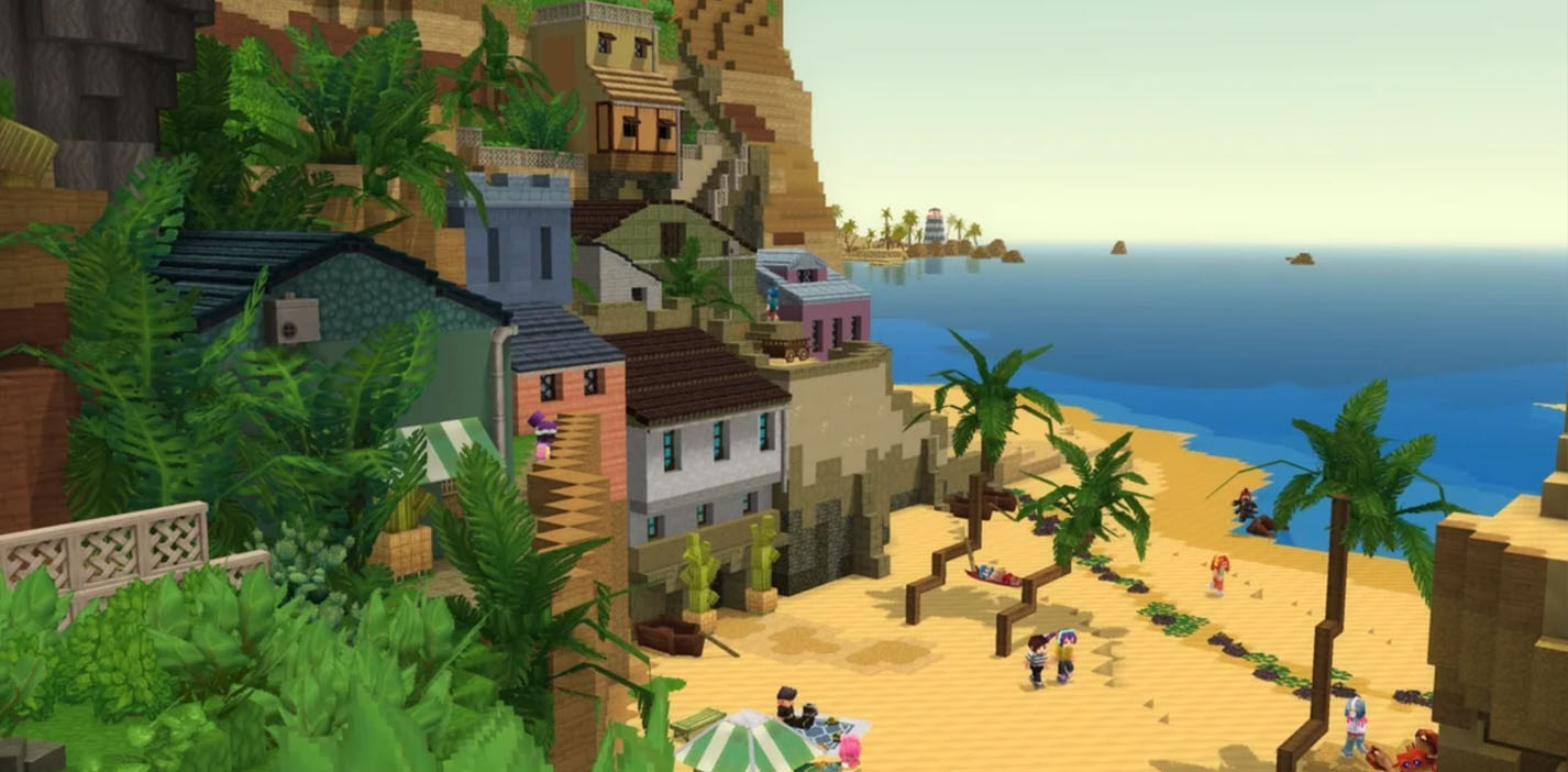 A scenic view of a Hytale coastal biome showing diverse terrain and vegetation