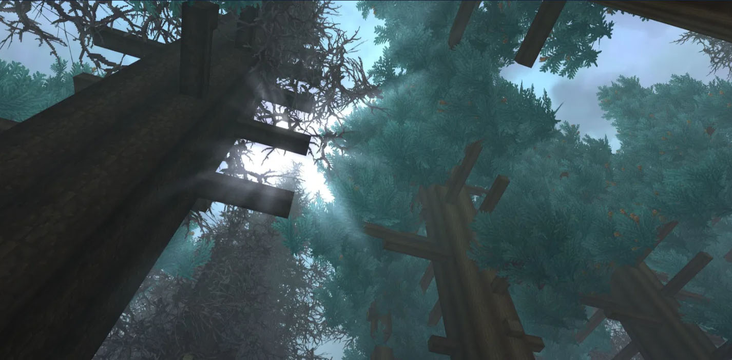 Example of Hytale's bloom and volumetric light ray effects in a forest