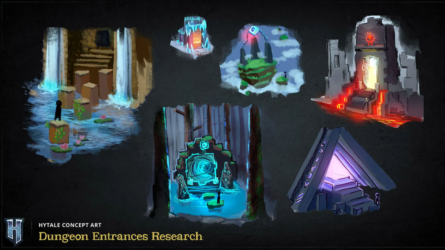 A collage showing different Hytale dungeon types: a procedural ice cave, a crafted portal dungeon entrance, and a vast natural cavern