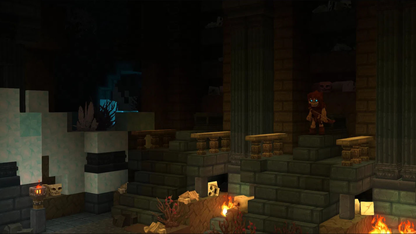 A player standing before a majestic, glowing portal dungeon entrance embedded in ancient ruins