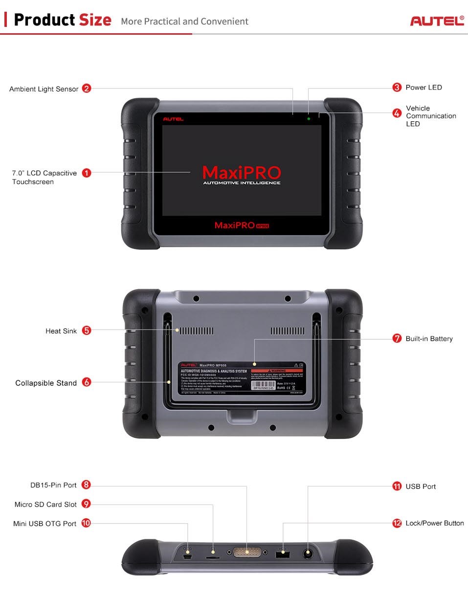 Размер устройства Autel MaxiPRO MP808K