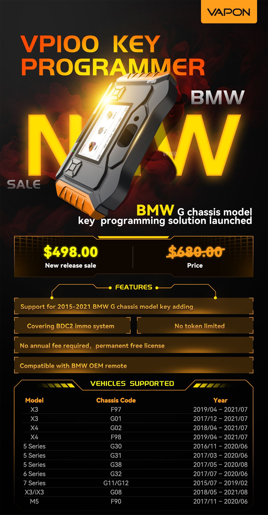 VAPON VP100 Программатор ключей: Поддержка BMW 2015-2021, Модели с кузовом G. Добавление ключей без годовой платы и токенов