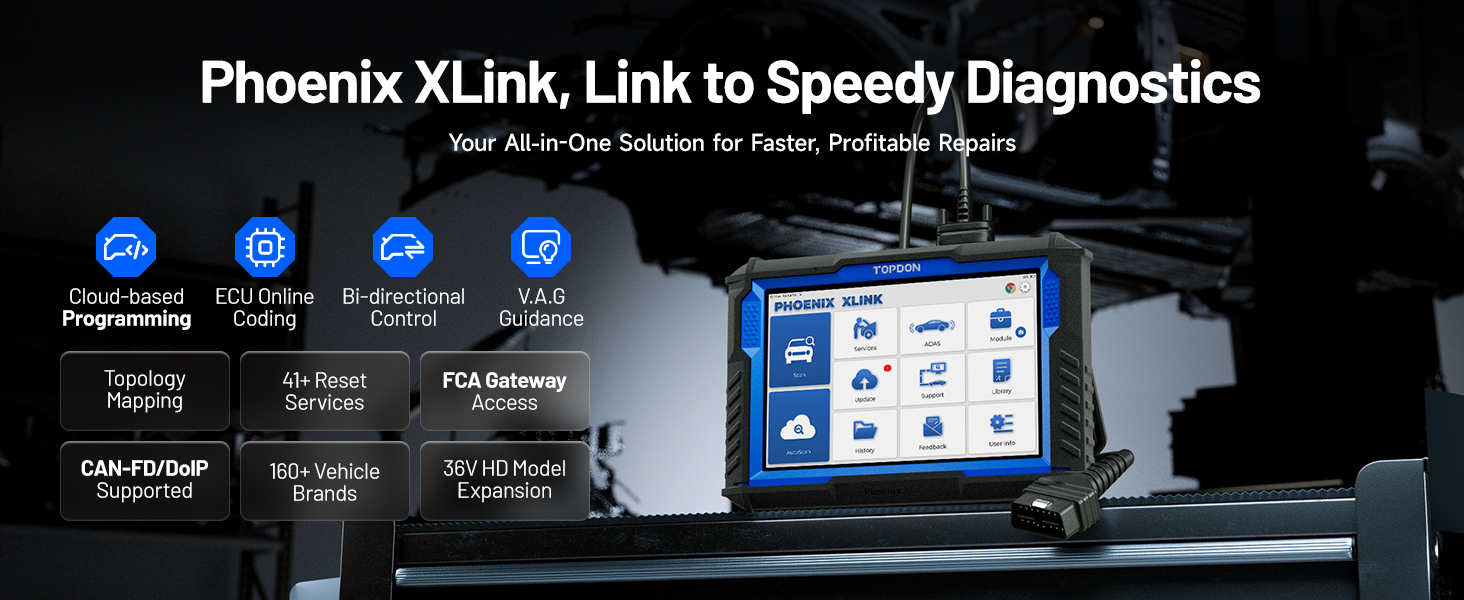 TOPDON Phoenix XLink Сканер Поддержка кодирования ЭБУ, топологического картирования CAN-FD и DoIP, полносистемный двунаправленный сканер, 41+ сервисных функций