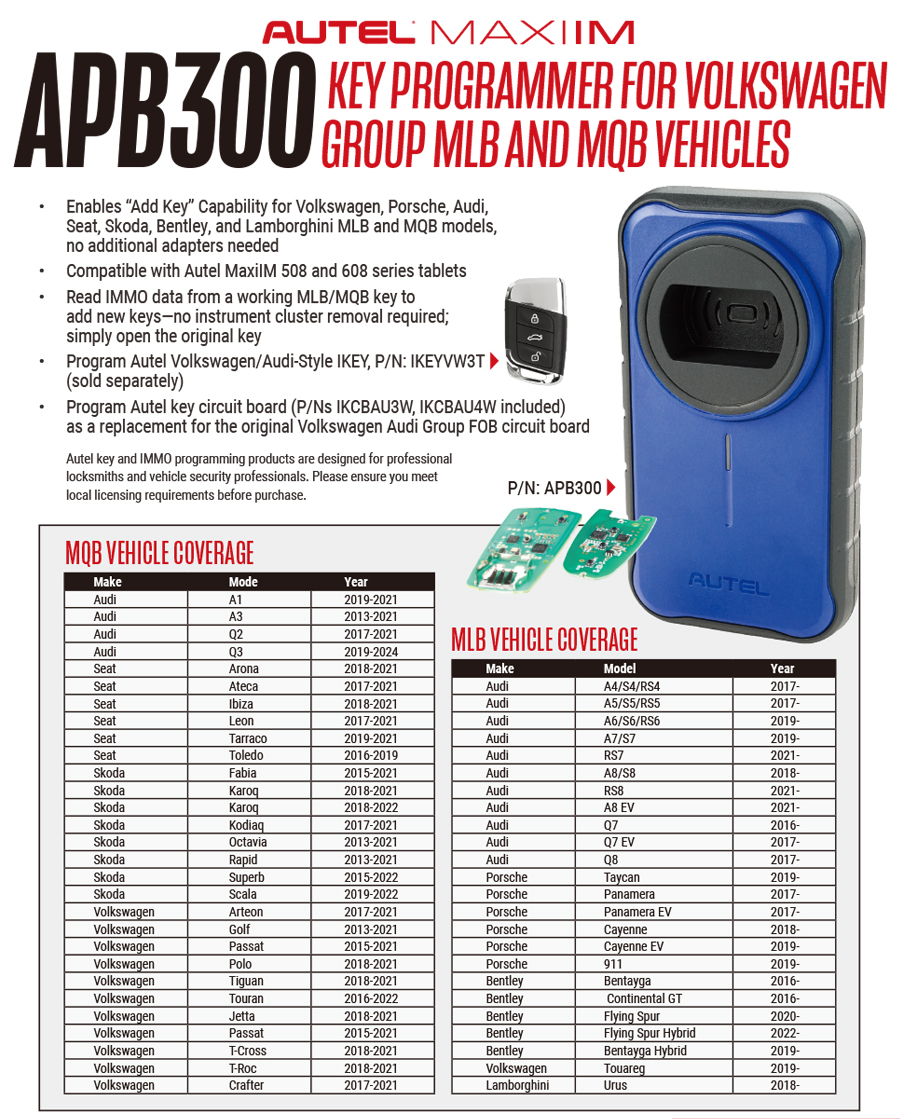 Программатор ключей AUTEL MAXIIM APB300 для автомобилей Volkswagen Group MLB и MQB