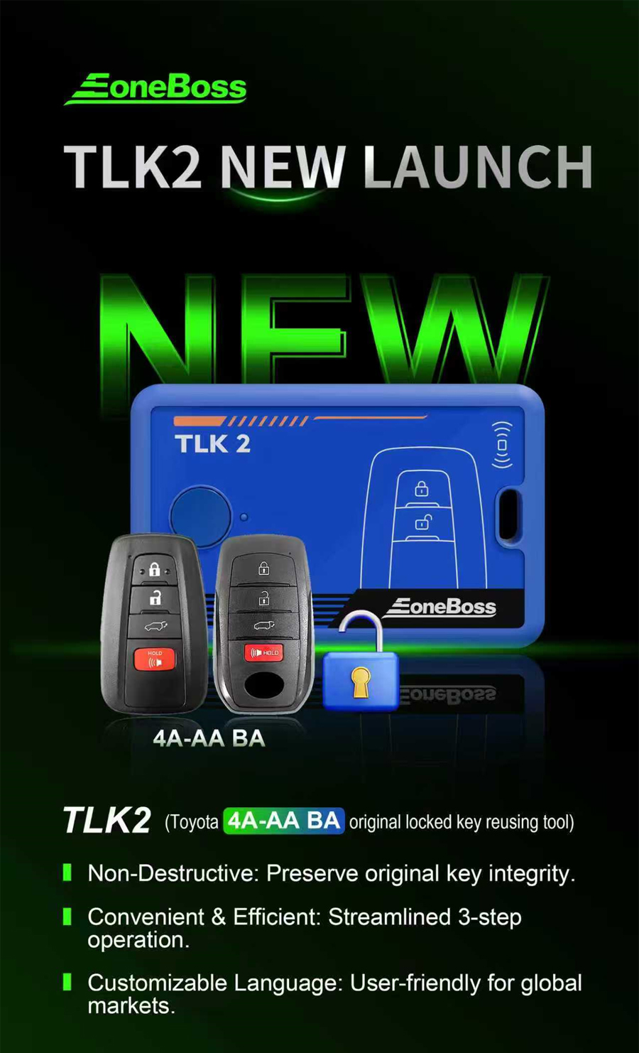 Инструмент EONEBOSS TLK2 для повторного использования заблокированных ключей Toyota/Lexus 4A-AA BA