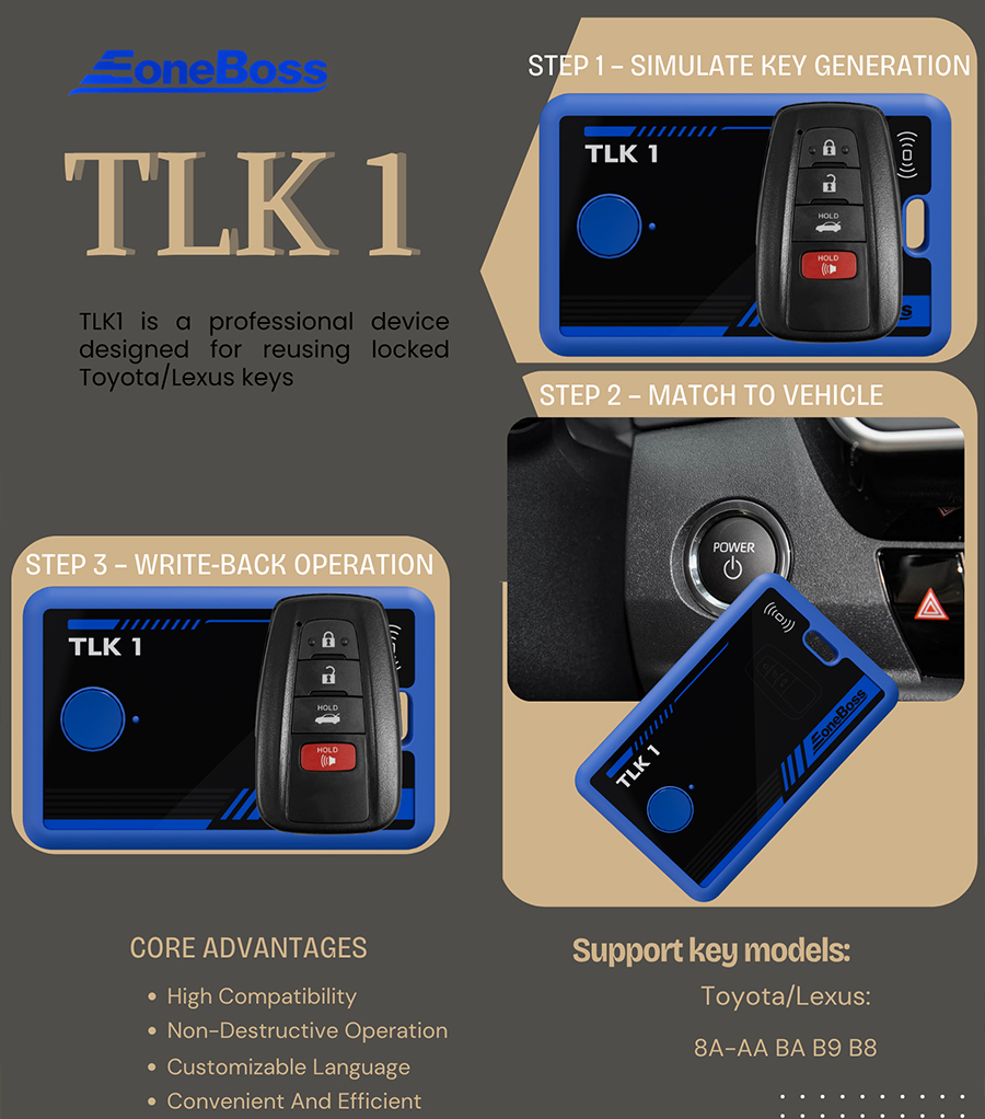 Устройство для разблокировки ключей EONEBOSS TLK 1 + Инструмент для повторного использования заблокированных ключей TLK2 для Toyota/Lexus, поддержка 8A-AA BA B9 B8
